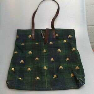 Rugby Ralph Lauren Tartan Skull Crossbones Tote Bag Leather Straps